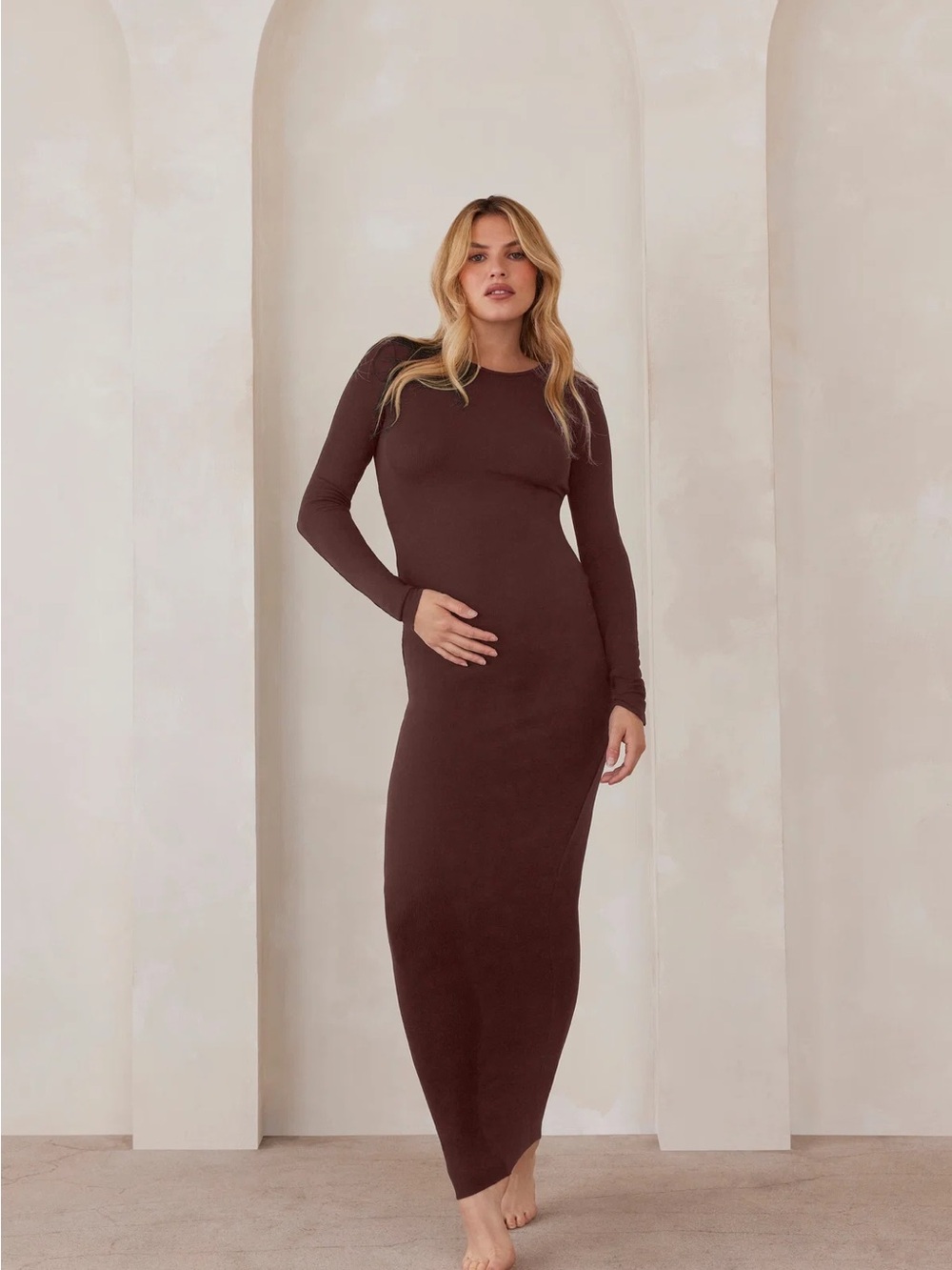 Long-Sleeve Chocolate Brown Maxi Dress